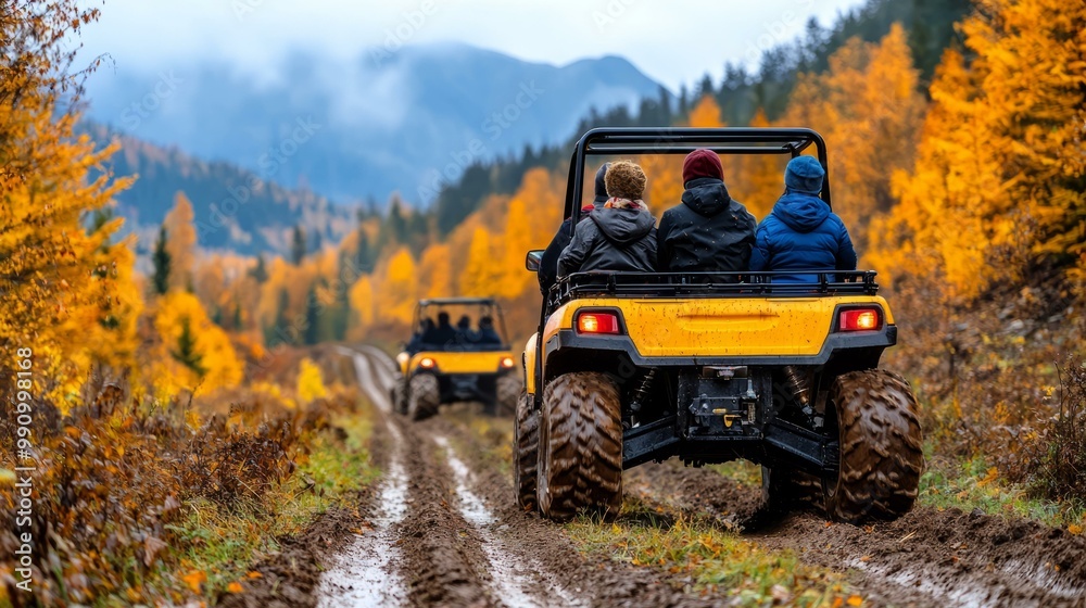 Off-road adventure in a vibrant autumn landscape with friends enjoying the ride. Off-road adventure in a vibrant autumn landscape with friends enjoying the ride.