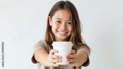 A young girl stands with a paper cup for takeaway coffee drinks or tea on a white background. Place for text