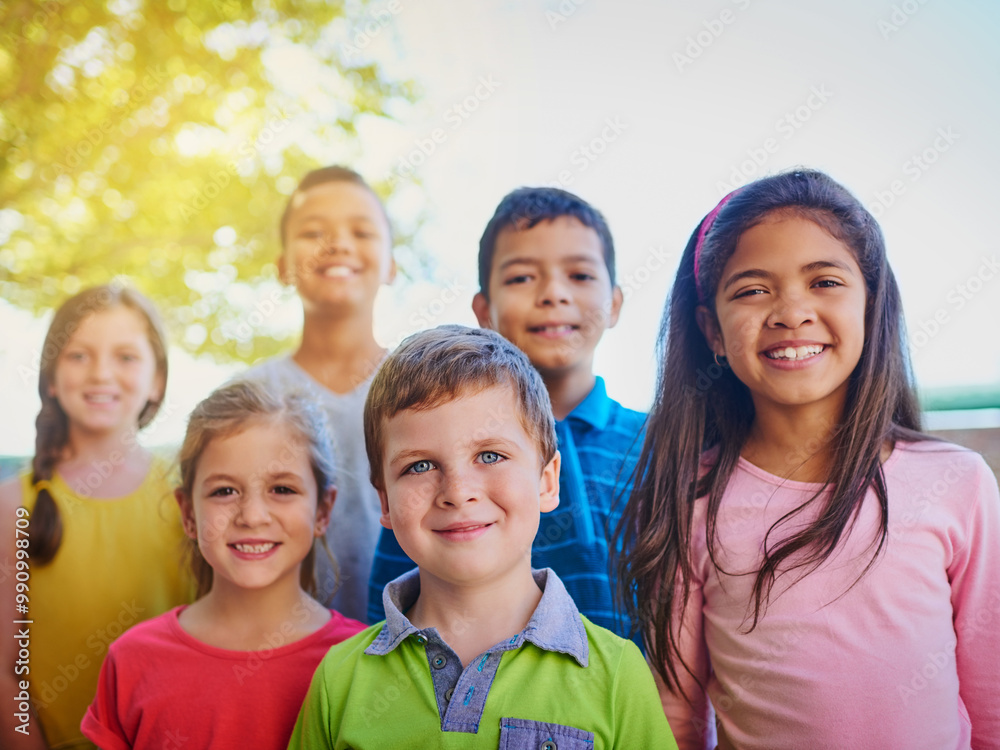Happy, friends and portrait of children in park for playing, bonding and fun together outdoors. Youth, diversity and young boys and girl in nature for childhood, adventure and learning on playground Happy, friends and portrait of children in park for playing, bonding and fun together outdoors. Youth, diversity and young boys and girl in nature for childhood, adventure and learning on playground