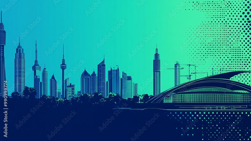 Obraz premium A silhouette of a modern city skyline with a large stadium in the foreground.