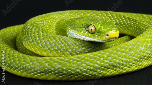 Closeup On Coiled Green Python With Bright Yellow Eyes, Isolated On Black Background.