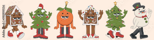 Cartoon Christmas characters - Christmas tree, snowman, gingerbread house, mandarin. Vector illustration design.