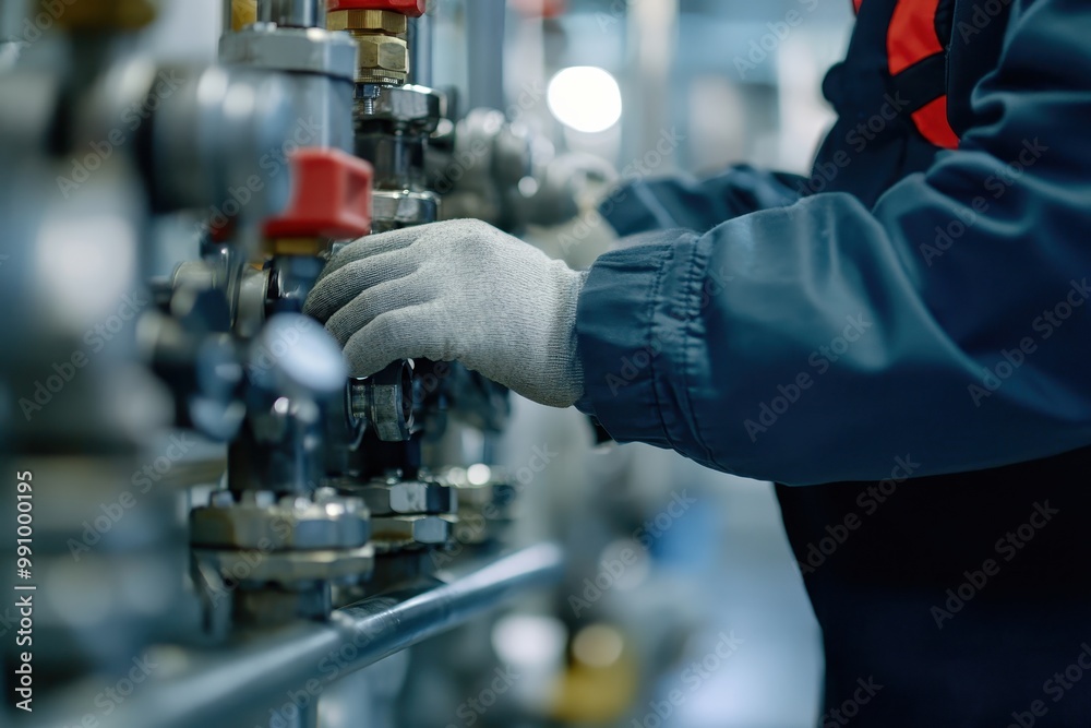 A worker adjusts machinery in an industrial setting, highlighting safety and precision. A worker adjusts machinery in an industrial setting, highlighting safety and precision.
