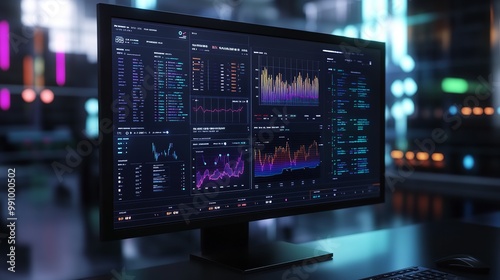 Computer monitor displaying an abstract network visualization

 photo