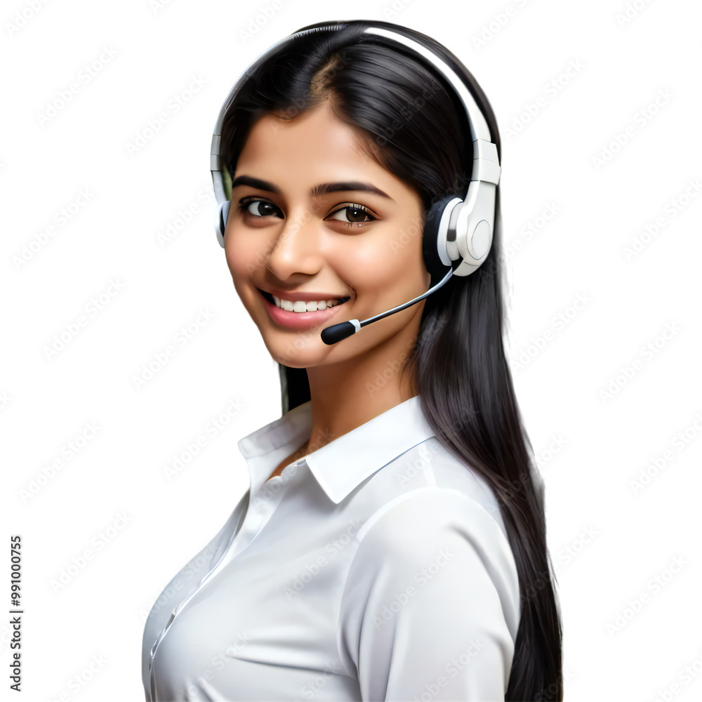 Smiling, Beautiful, and Friendly Fictional Young Asian Woman in a Customer Service Role, Wearing a Headset, Isolated on a Transparent Background Smiling, Beautiful, and Friendly Fictional Young Asian Woman in a Customer Service Role, Wearing a Headset, Isolated on a Transparent Background