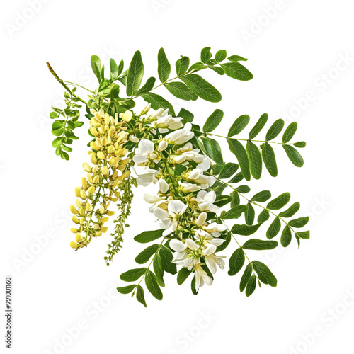 Closeup of Black Locust Tree Flowers and Leaves