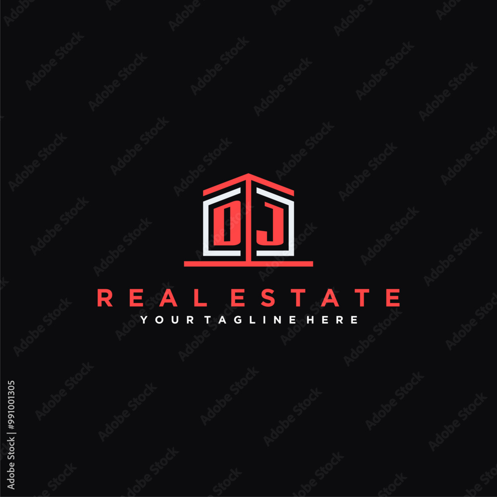 DJ Initials Modern Logo Design for a Real Estate Company Featuring a Unique Icon and Bold Typography on a Black Background DJ Initials Modern Logo Design for a Real Estate Company Featuring a Unique Icon and Bold Typography on a Black Background