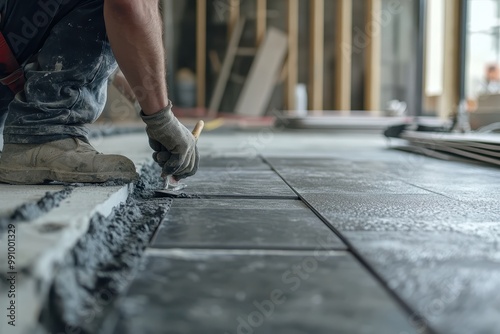 A worker applying cement to tiles during a construction project.