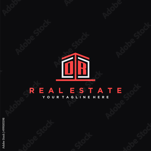 DR Initials Modern Logo Design for a Real Estate Company Featuring a Unique Icon and Bold Typography on a Black Background