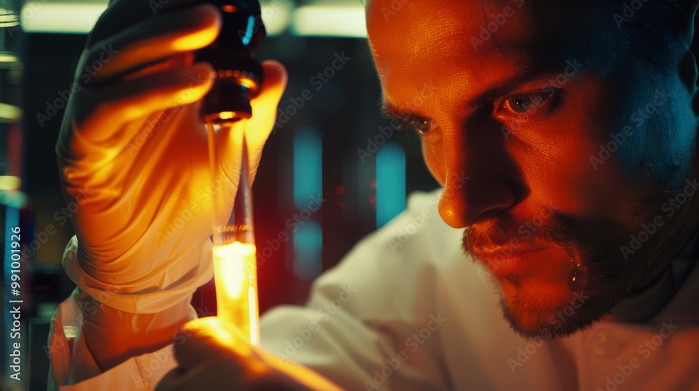 Obraz premium A scientist scrutinizes a glowing substance in a test tube with meticulous care, highlighting their intense concentration and dedication in a lab environment.