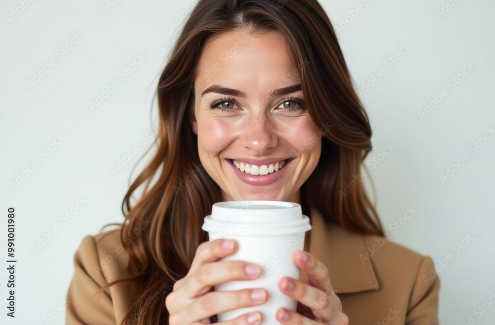 A young girl stands with a paper cup for takeaway coffee drinks or tea on a white background. Place for text A young girl stands with a paper cup for takeaway coffee drinks or tea on a white background. Place for text