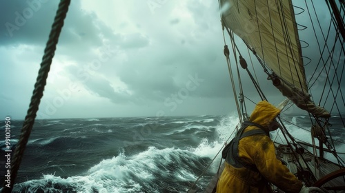 A yellow-clad sailor steers through a storm on a sailboat, enveloped by dark skies and relentless waves, symbolizing endurance and bravery.