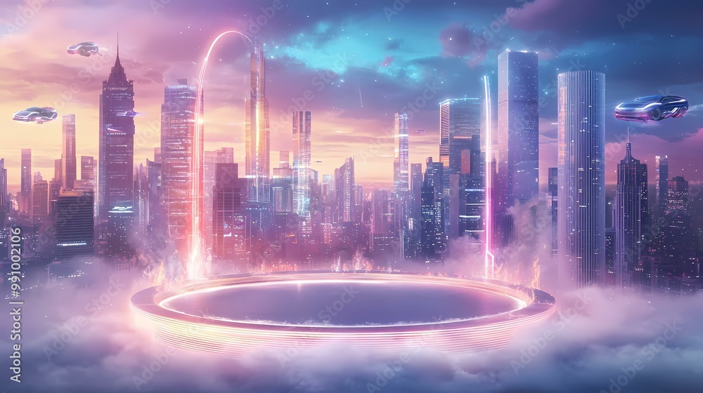 A futuristic city skyline with glowing lights and flying cars above a circular platform in the clouds. A futuristic city skyline with glowing lights and flying cars above a circular platform in the clouds.