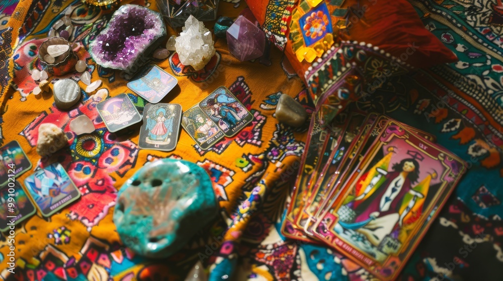 Fototapeta premium An eclectic collection of mystical objects including tarot cards, crystals, and amulets set against a bright, colorful cloth.