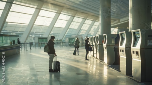 Wallpaper Mural Travelers with luggage checking kiosks in a spacious, modern airport terminal bathed in soft, natural light. Torontodigital.ca