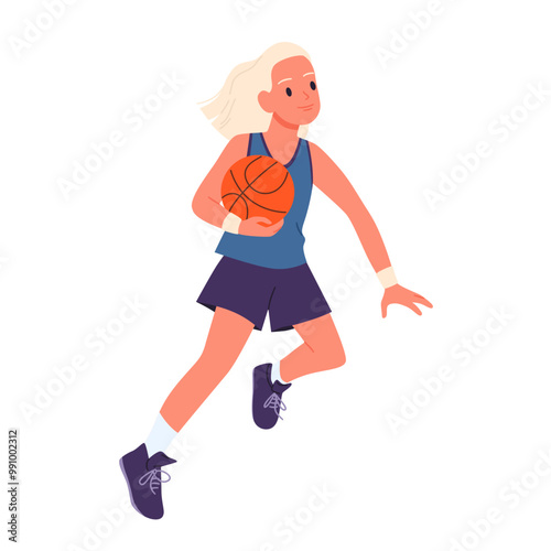 Basketball player girl running and jumping, dribble ball down court. Female young athlete holding ball in hand to jump, run to basket, child playing in school team cartoon vector illustration