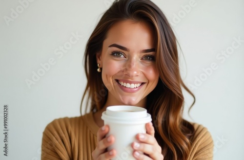 A young girl stands with a paper cup for takeaway coffee drinks or tea on a white background. Place for text