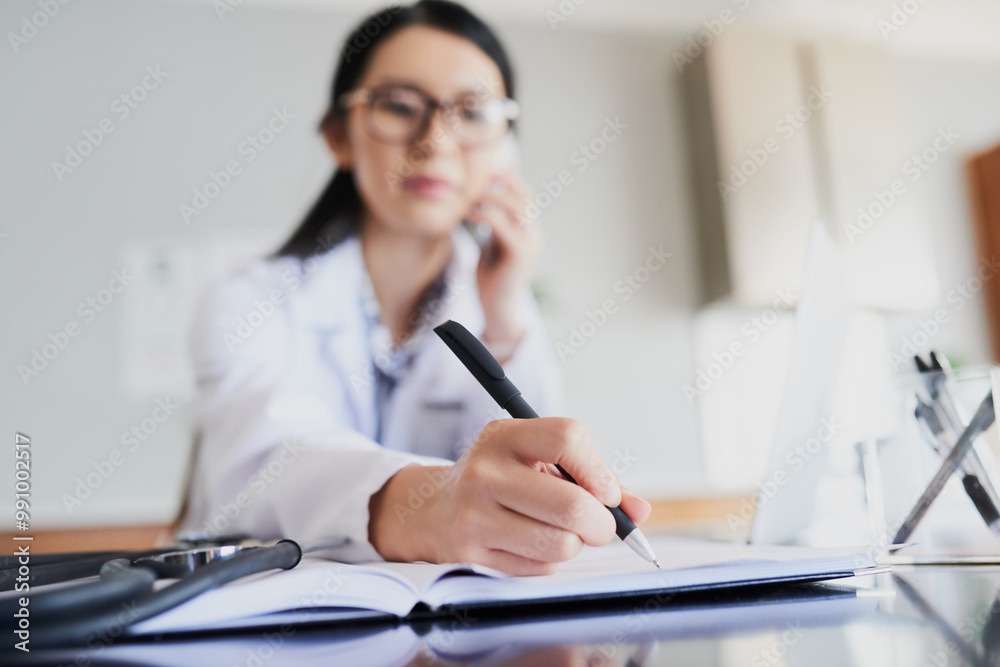 Doctor, hand and woman with phone call in office for healthcare, communication and patient update. Medical worker, notebook and employee with pen at desk for telehealth, schedule and appointment info