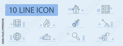 Security set icon. House, firewall, fire, key, lock, grid, magnifying glass, screwdriver, shield, map, encryption, protection, access, identification, keyhole, repair, safety, internet, home, safe.