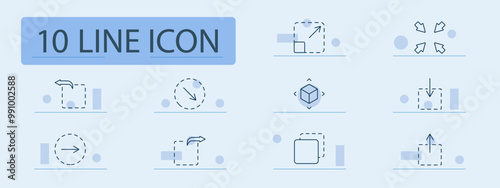 Resize set icon. Arrow, rotation, move, expand, shrink, cube, 3D, drag, cursor, adjust, size, design, layout, object, interface, graphic, positioning, direction, arrows, interactive.