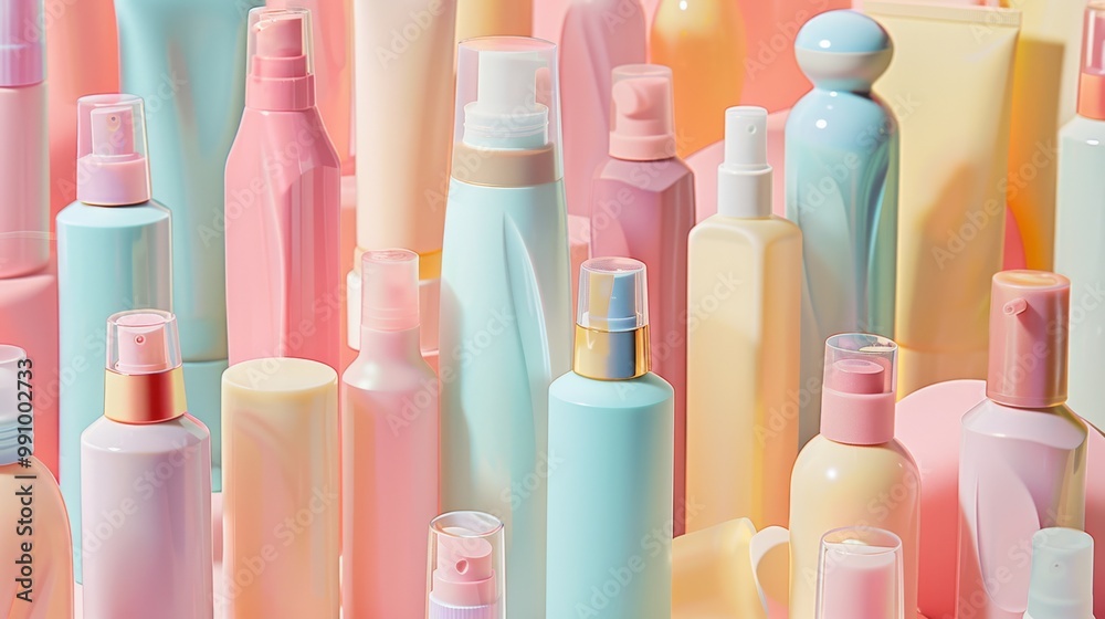 A vibrant collection of multicolored skincare bottles and containers, artfully displayed, presenting a variety of shapes and sizes. A vibrant collection of multicolored skincare bottles and containers, artfully displayed, presenting a variety of shapes and sizes.