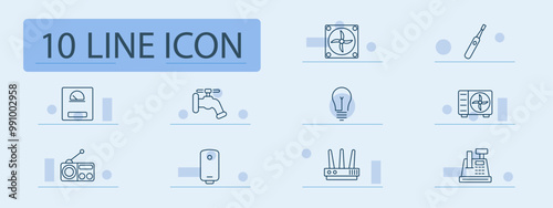 Household utilities set icon. Fan, faucet, lightbulb, air conditioner, toothbrush, water heater, radio, router, meter, utilities, home, energy, cooling, electronics, technology, plumbing.