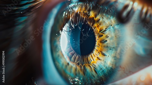 An extreme close-up of a human eye showcasing intricate details, vibrant colors, and reflections, captivating with its beauty.