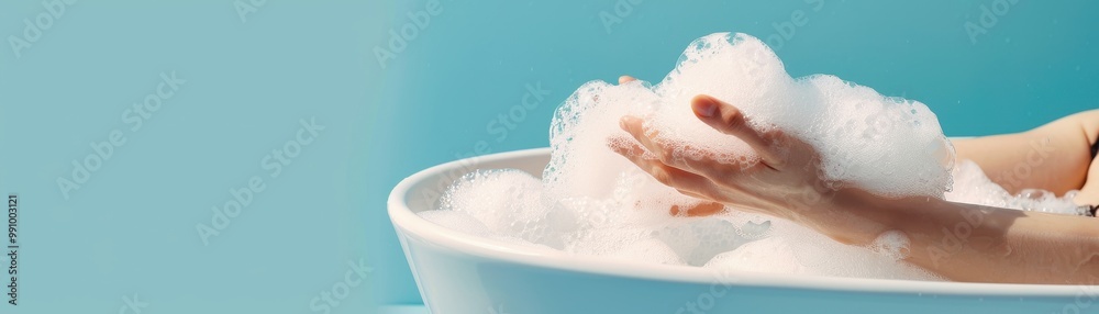Obraz premium Side view of a person enjoying a bubble bath, with a focus on hands playing with foam. Relaxing bath time concept against a serene blue background.