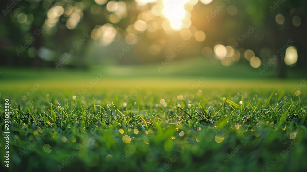 Fototapeta premium Water droplets glisten on fresh grass in a sunlit field, capturing a tranquil morning scene filled with warm light and nature’s simple beauty.