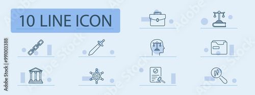 Law and justice set icon. Scale, briefcase, chain, gavel, law book, sheriff, legal documents, courthouse, sword, investigation, judgment, defense, justice, evidence, court, balance, verdict.