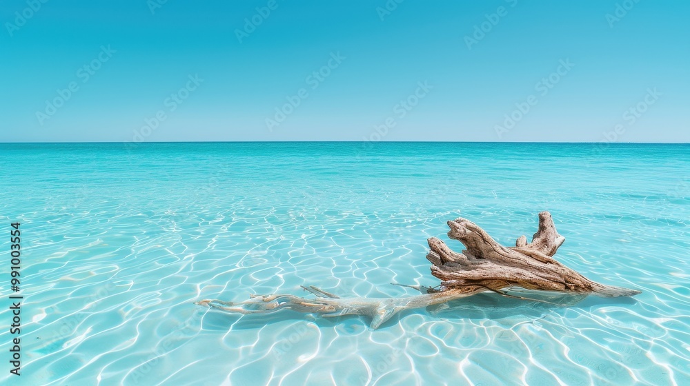 Tranquil turquoise sea with a piece of driftwood floating on clear water under a bright blue sky, perfect for a serene beach background. Tranquil turquoise sea with a piece of driftwood floating on clear water under a bright blue sky, perfect for a serene beach background.