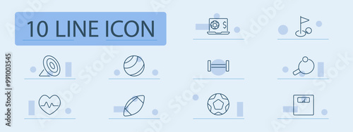 Sport set icon. Target, ball, weights, ping pong, football, goal, health, heart rate, scale, sports finance, activity, athletic training.