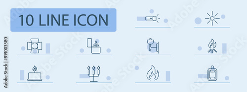 Fire and light set icon. Flashlight, sun, campfire, candle, candelabra, torch, lamp, flame, lighting, lighter, spotlight.