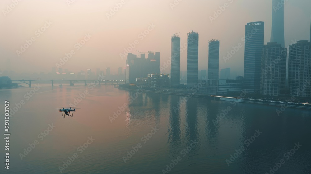 Obraz premium A drone soars above a misty city river, capturing the soft light reflecting on the water and high-rise buildings emerging from the morning mist.