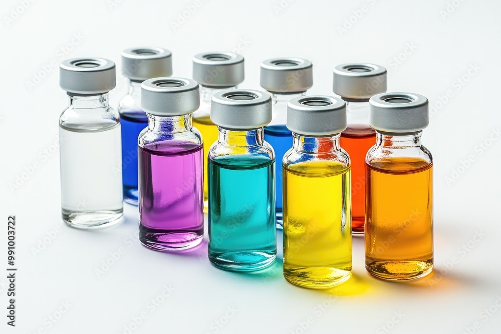 Brightly Colored Liquid Vials Against Clean White Backdrop Brightly Colored Liquid Vials Against Clean White Backdrop