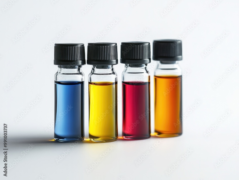Brightly Colored Liquid Vials Against Clean White Backdrop