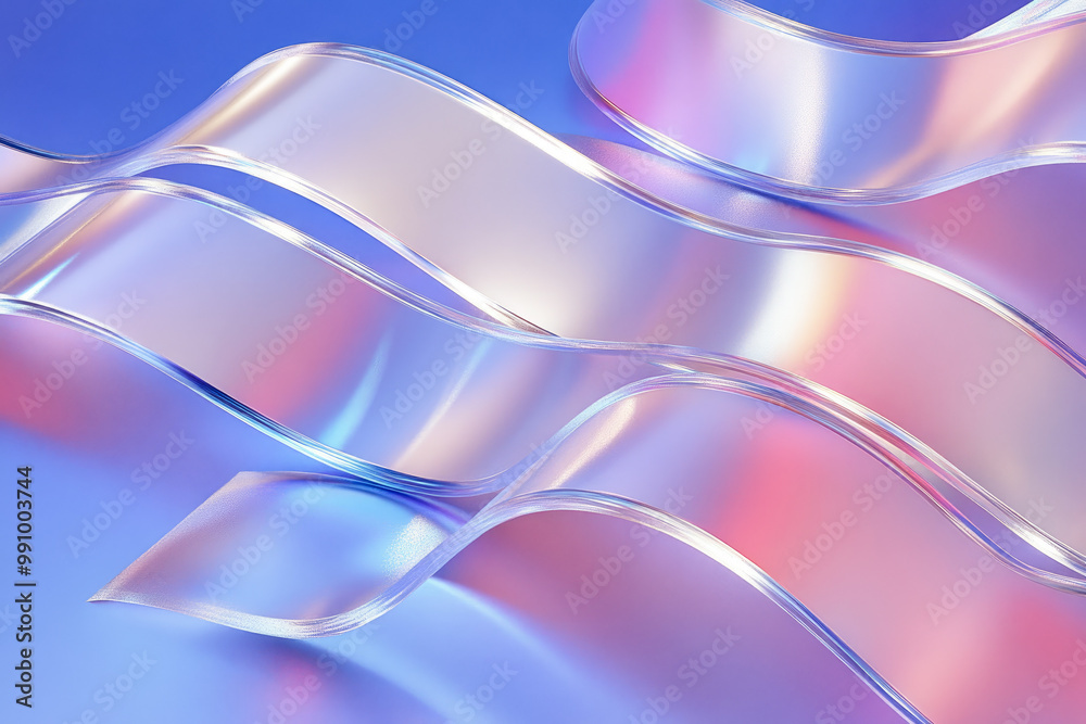 Abstract image of colorful, wavy, reflective ribbons with a smooth texture creating a sense of motion and fluidity. Abstract image of colorful, wavy, reflective ribbons with a smooth texture creating a sense of motion and fluidity.