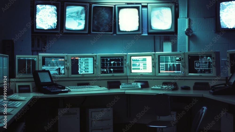 Fototapeta premium Control room illuminated with blue light, filled with numerous monitors and electronic equipment, showcasing a high-tech environment for monitoring activities.