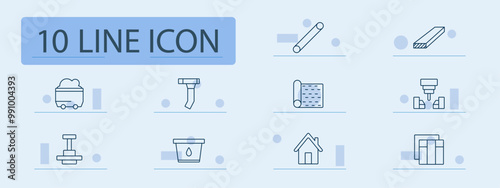 Construction set icon. Mining cart, piping, wood plank, carpet roll, CNC machine, house, bucket, clamp, materials, structure, construction tools, architecture, raw materials, building