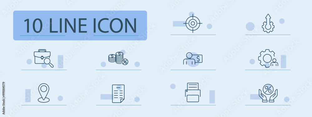Business set icon. Target, arrow, briefcase, coins, businessman, gears, location pin, contract, printer, financial services, business planning, growth, strategy, management, transaction Business set icon. Target, arrow, briefcase, coins, businessman, gears, location pin, contract, printer, financial services, business planning, growth, strategy, management, transaction