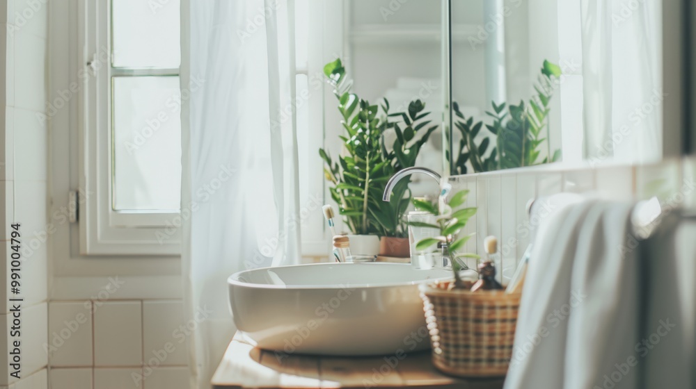 A serene bathroom with lush greenery, soft natural light filtering through sheer curtains, creating a peaceful, spa-like retreat. A serene bathroom with lush greenery, soft natural light filtering through sheer curtains, creating a peaceful, spa-like retreat.