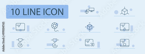 3D printing set icon. 3D model, filament spool, printing machine, CAD design, object scaling, cube design, extruder, nozzle, prototype, precision print, additive manufacturing, 3D creation.