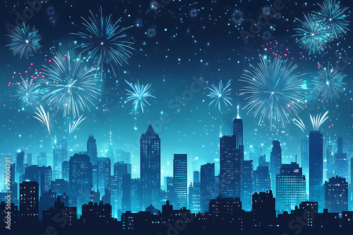 New Year's background with colourful fireworks bursting over a city skyline photo