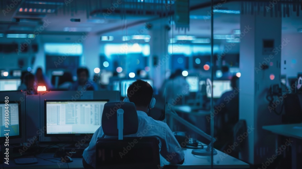 Obraz premium A lone figure in a dimly-lit control room wearing headphones monitors multiple screens, highlighting the intensity and focus of a nocturnal work environment.
