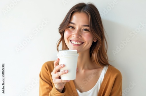 A young girl stands with a paper cup for takeaway coffee drinks or tea on a white background. Place for text