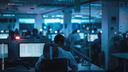 A lone figure in a dimly-lit control room wearing headphones monitors multiple screens, highlighting the intensity and focus of a nocturnal work environment.