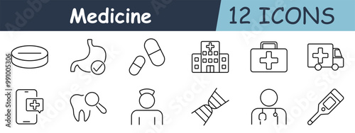 Medicine set icon. Pill, stomach with check, capsules, hospital, medical kit, ambulance, phone with medical app, tooth, magnifier, nurse, DNA, thermometer.