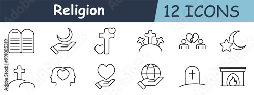 Religion set icon. Stone tablets, hand with crescent, cross with heart, cemetery, broken heart, person, star and crescent, cross on hill, face with heart, globe in hand, tombstone, fireplace