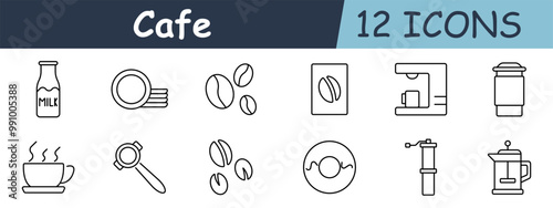Cafe set icon. Milk bottle, stacked plates, coffee beans, coffee bag, espresso machine, to-go cup, steaming cup, portafilter, coffee grinder, donut, manual coffee grinder, French press.