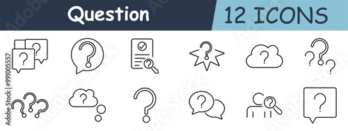 Question set icon. Large question mark, document with magnifier, starburst , cloud, multiple question marks, thinking bubble, speech bubbles, question box.